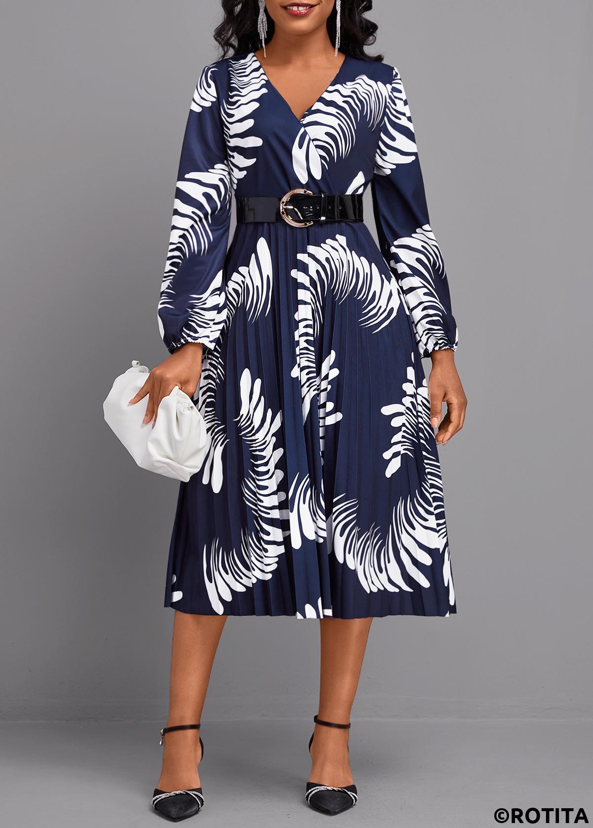 Navy dresses,Graphic dresses,Party dresses,Elegant dresses,ROTITA Pleated Graffiti Print Navy V Neck Long Sleeve Dress