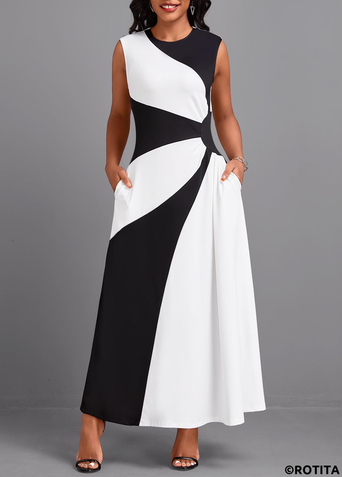 Black dresses,White dresses,Contrast Color dresses,Party dresses,Elegant dresses,ROTITA Patchwork Black Maxi Round Neck Sleeveless Dress