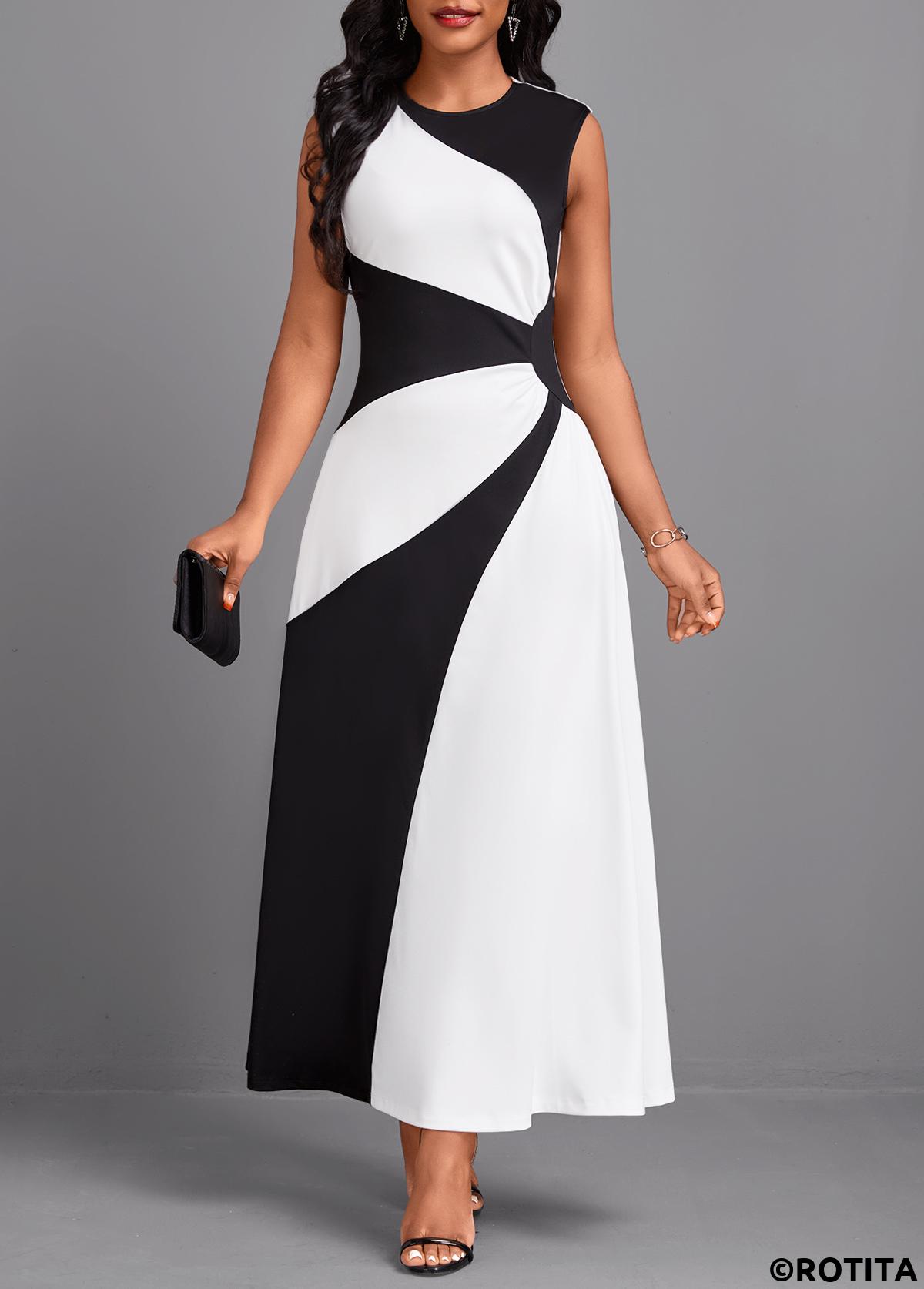 Black dresses,White dresses,Contrast Color dresses,Party dresses,Elegant dresses,ROTITA Patchwork Black Maxi Round Neck Sleeveless Dress
