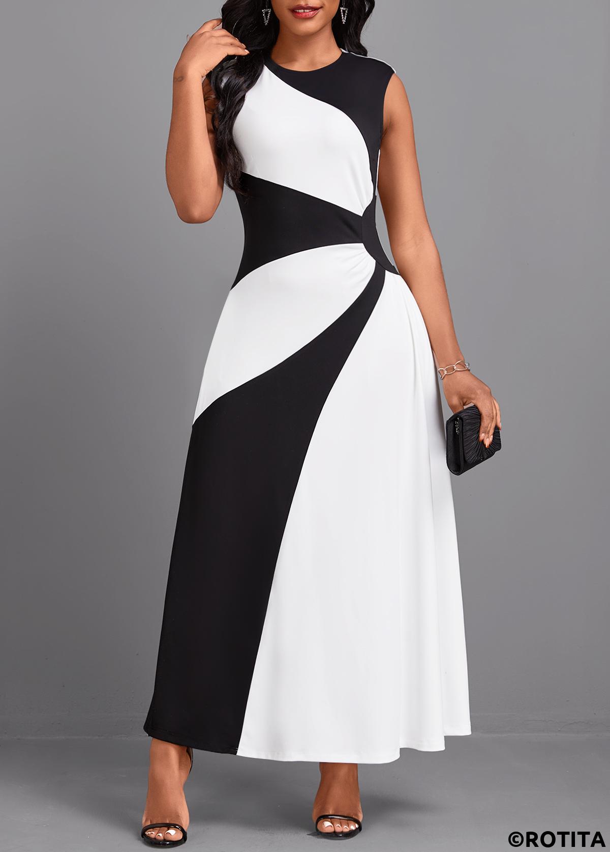 Black dresses,White dresses,Contrast Color dresses,Party dresses,Elegant dresses,ROTITA Patchwork Black Maxi Round Neck Sleeveless Dress