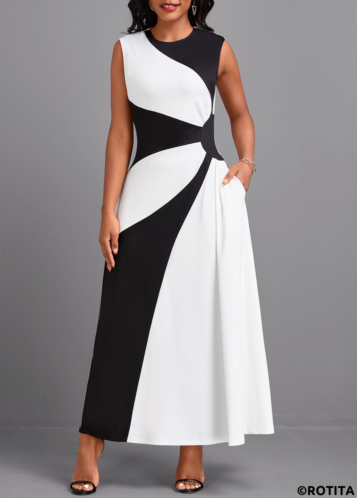 Black dresses,White dresses,Contrast Color dresses,Party dresses,Elegant dresses,ROTITA Patchwork Black Maxi Round Neck Sleeveless Dress