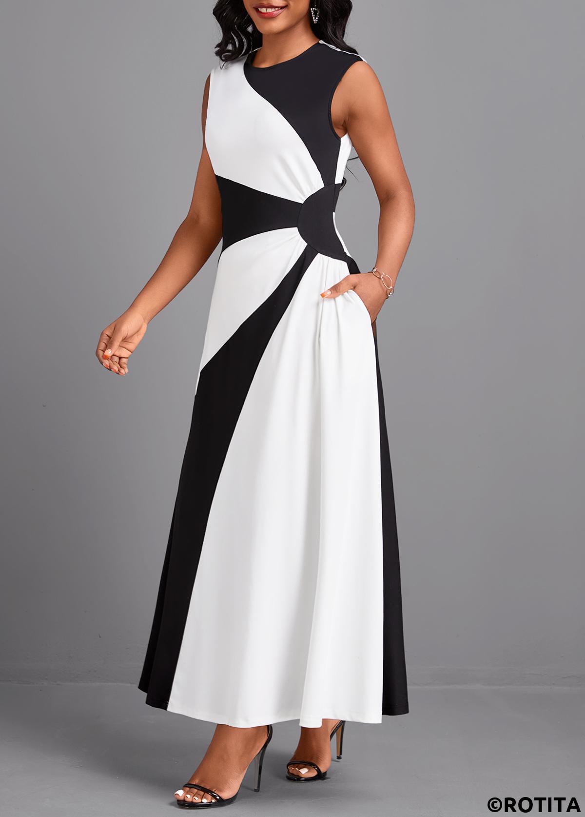 Black dresses,White dresses,Contrast Color dresses,Party dresses,Elegant dresses,ROTITA Patchwork Black Maxi Round Neck Sleeveless Dress