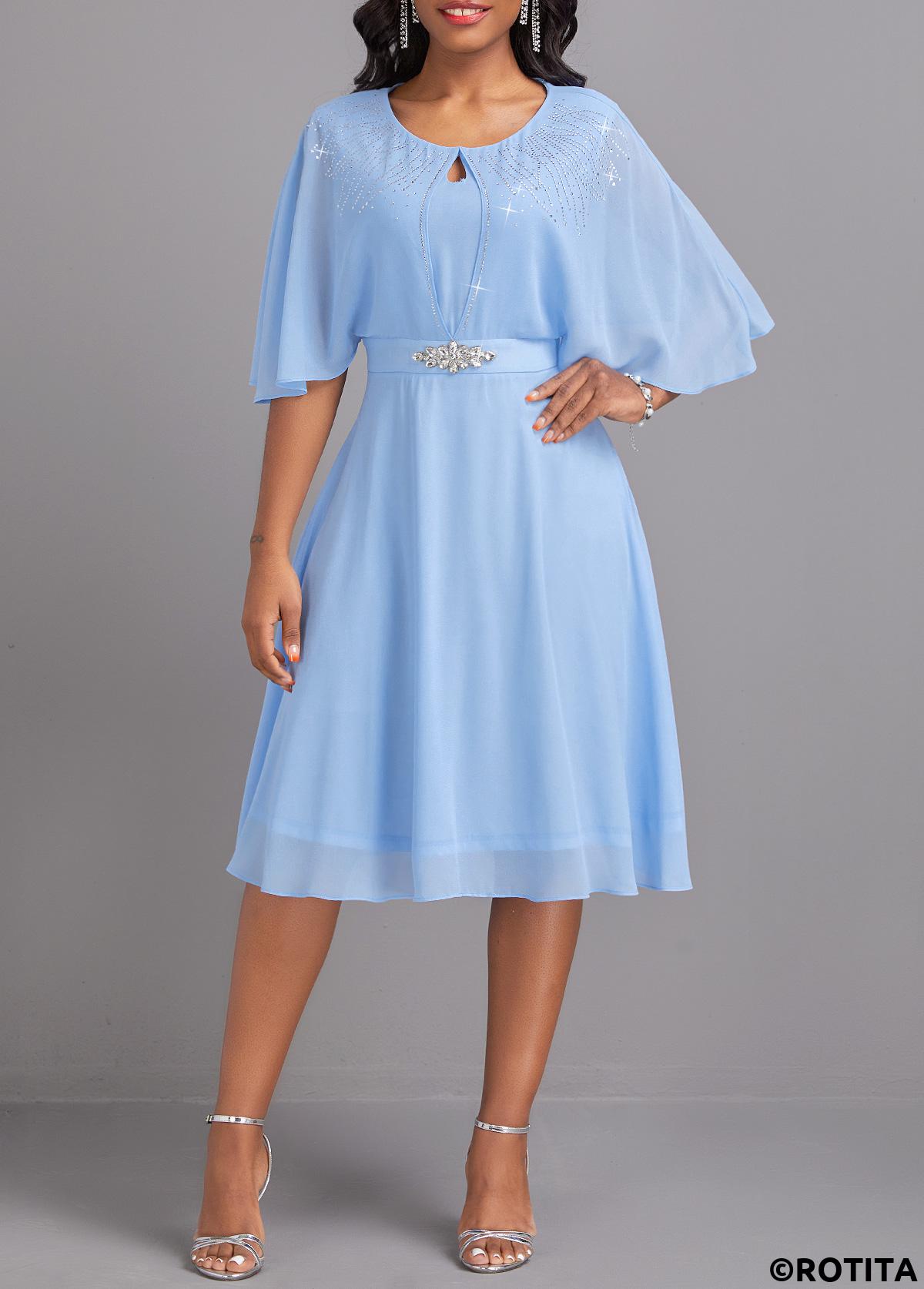 Light Blue dresses,Plain Color dresses,Party dresses,Elegant dresses,ROTITA Hot Drilling Light Blue Round Neck 3/4 Sleeve Dress