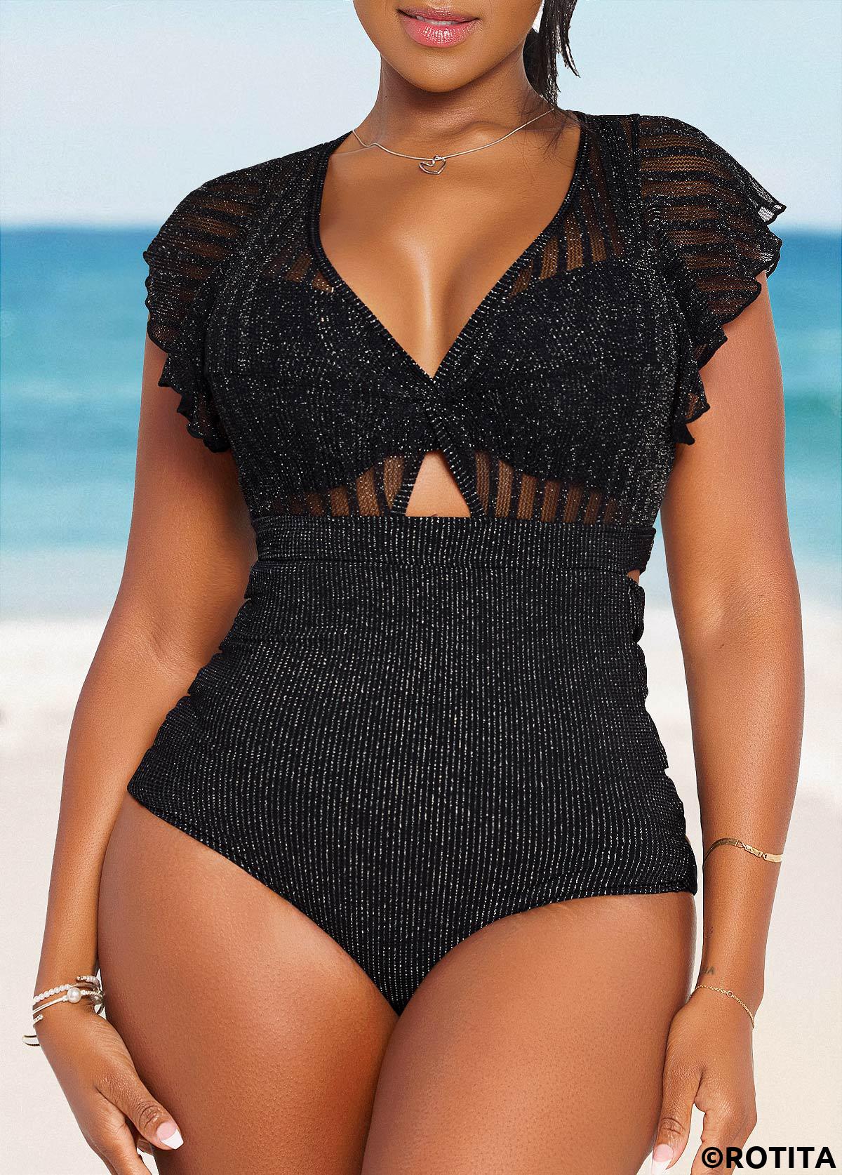 Black swimwear,Plain Color swimwear,ROTITA Shinning Mesh Black One Piece Swimwear