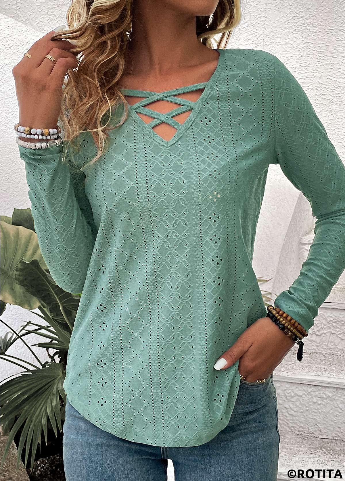 Criss Cross Green V Neck Long Sleeve T Shirt