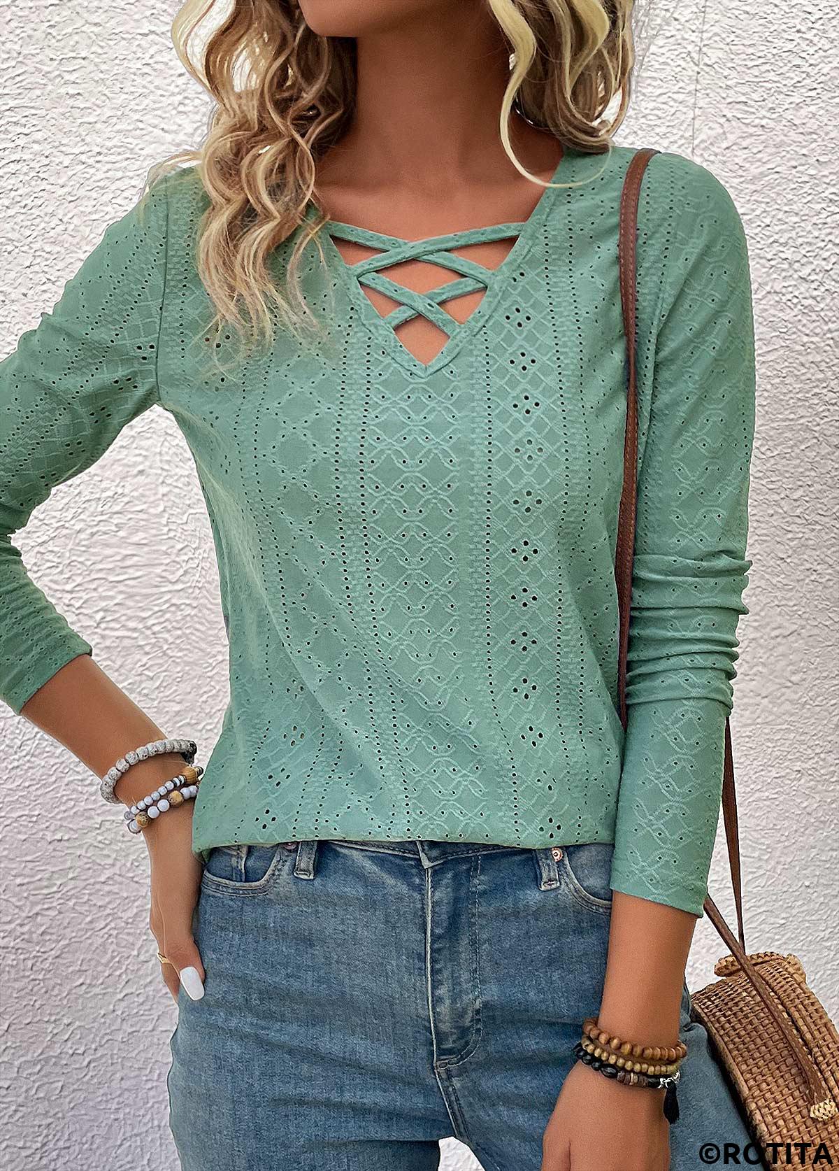 Criss Cross Green V Neck Long Sleeve T Shirt