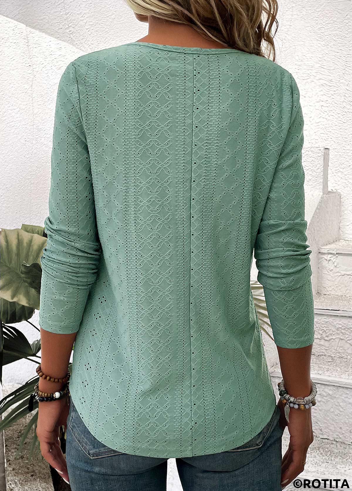 Criss Cross Green V Neck Long Sleeve T Shirt