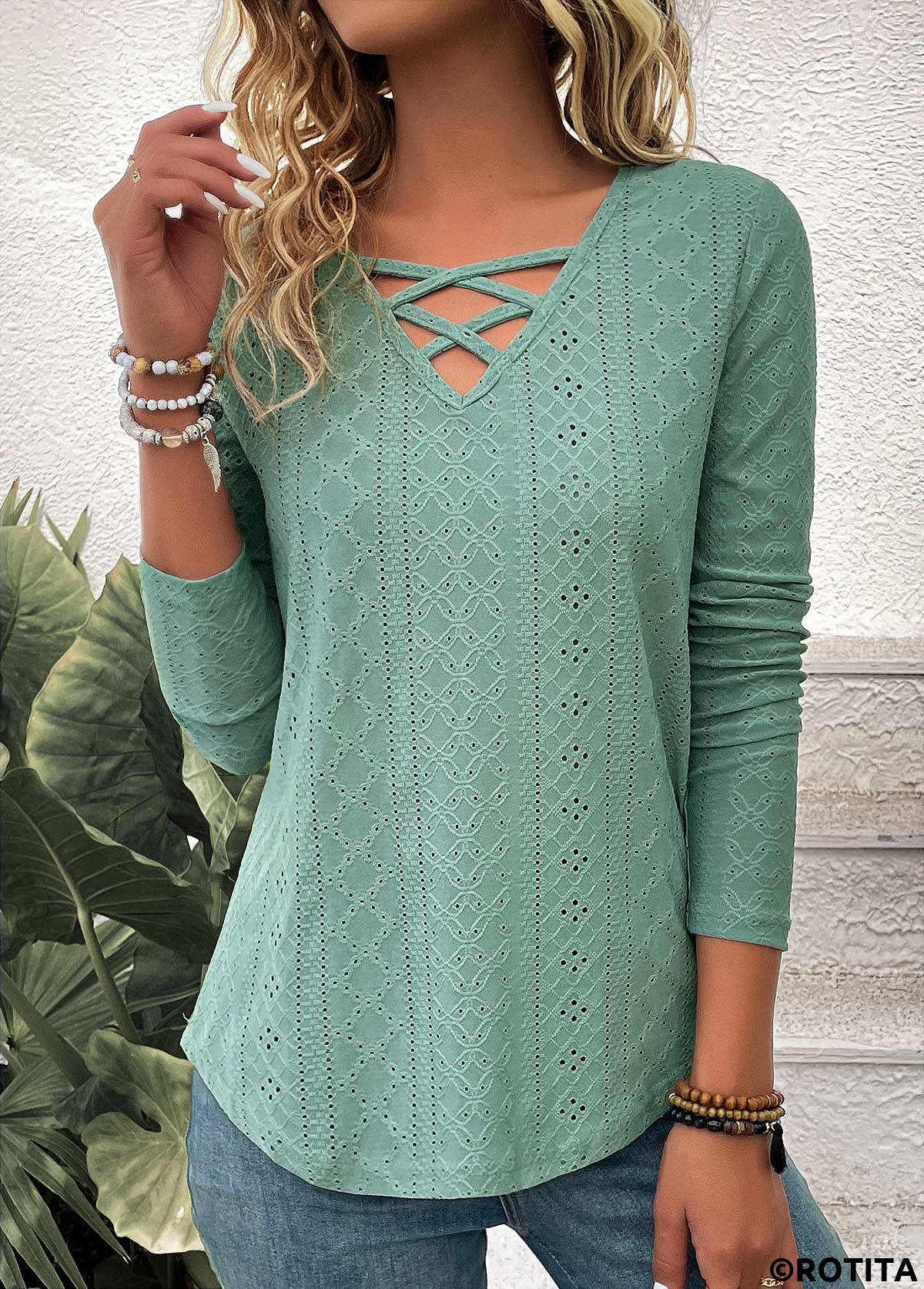 Criss Cross Green V Neck Long Sleeve T Shirt