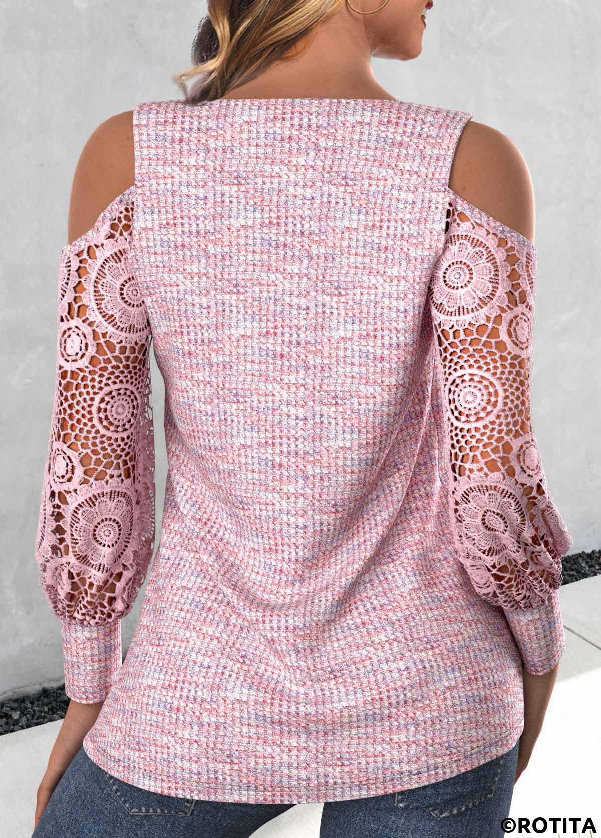 Light Pink tops,Plain Color tops,ROTITA Patchwork Light Pink Square Neck Long Sleeve T Shirt