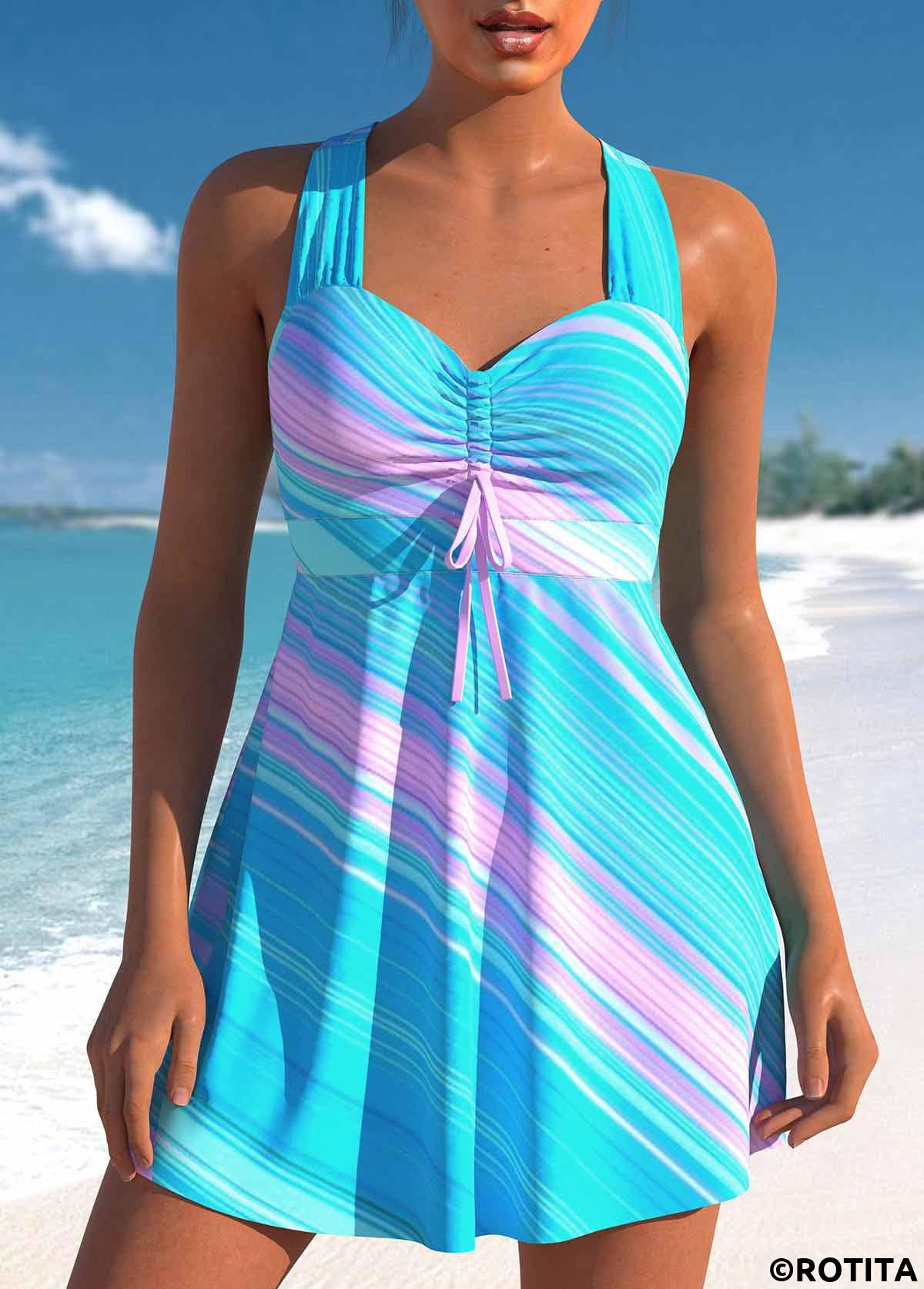Cyan swimwear,Pink swimwear,Striped swimwear,Geometric swimwear,ROTITA Drawstring Cyan Striped High Waisted Swimdress and Shorts