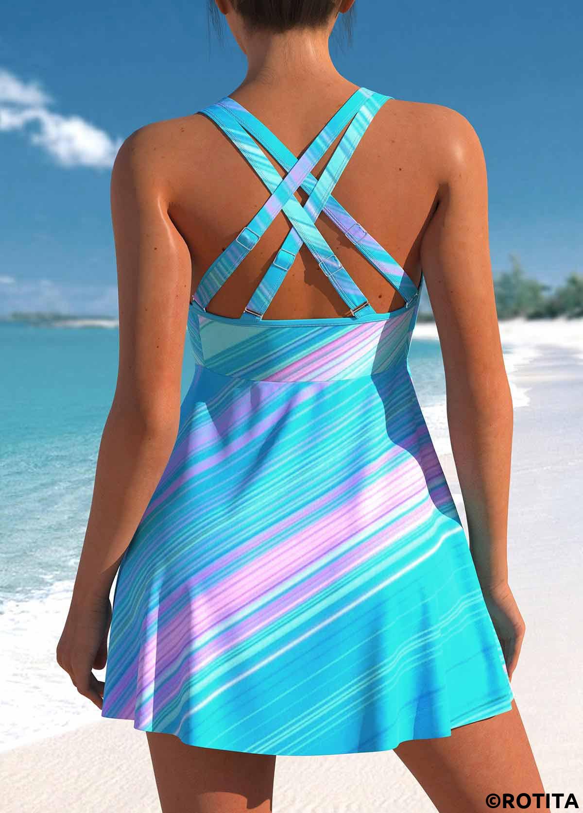 Cyan swimwear,Pink swimwear,Striped swimwear,Geometric swimwear,ROTITA Drawstring Cyan Striped High Waisted Swimdress and Shorts