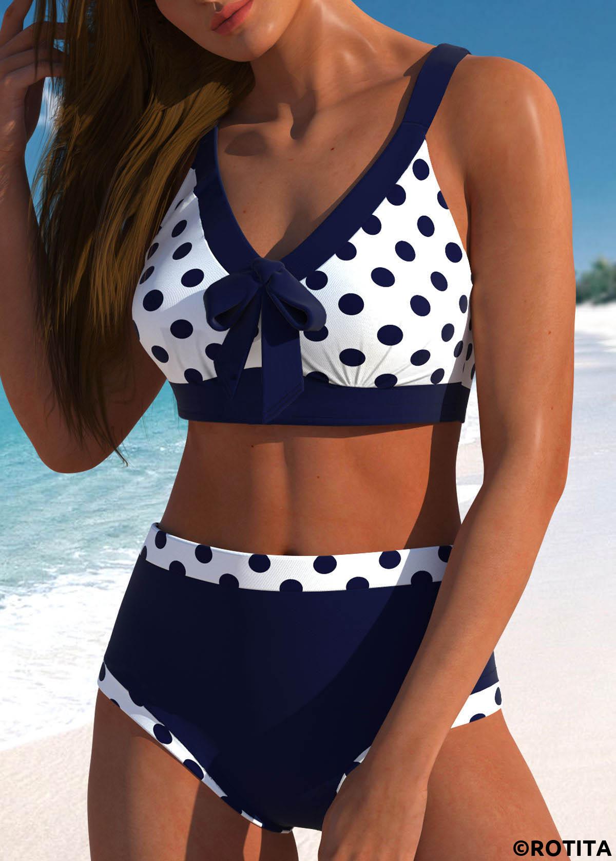 Navy swimwear,White swimwear,Dot swimwear,ROTITA Bowknot Navy Polka Dot High Waisted Bikini Set