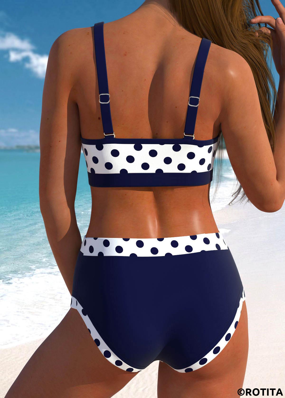 Navy swimwear,White swimwear,Dot swimwear,ROTITA Bowknot Navy Polka Dot High Waisted Bikini Set