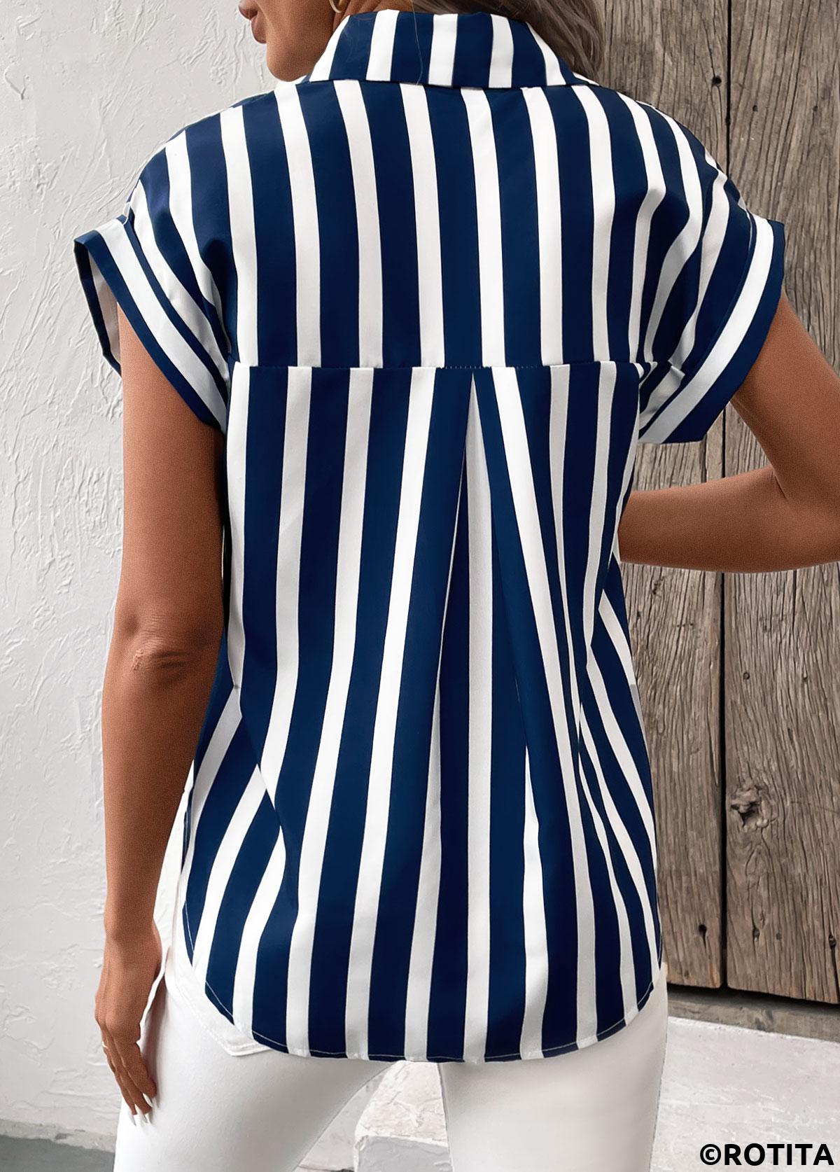 Navy tops,White tops,Striped tops,Geometric tops,Button Striped Navy Shirt Collar Short Sleeve Blouse