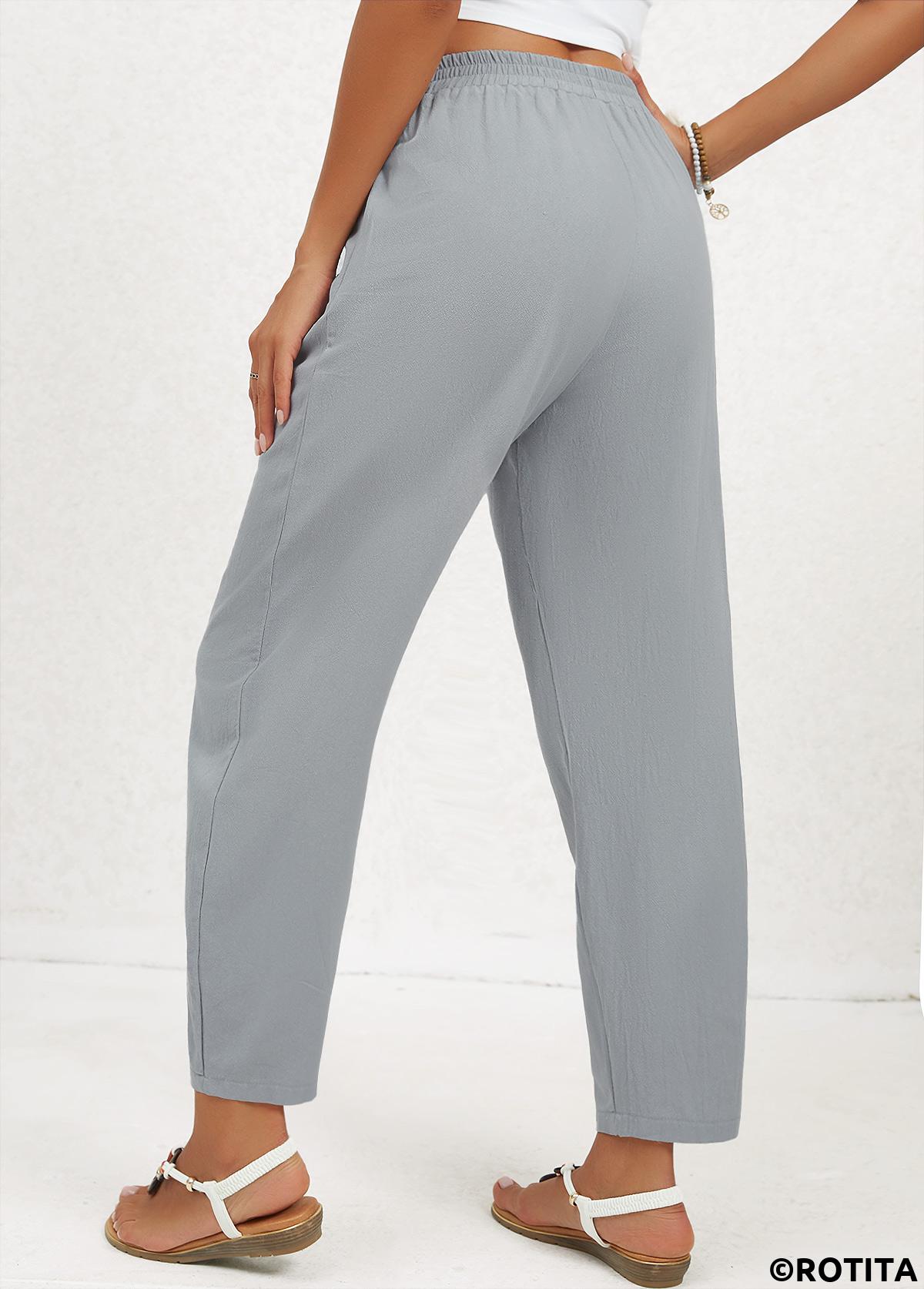 Grey bottoms,Plain Color bottoms,Pocket Regular Elastic Waist High Waisted Grey Pants