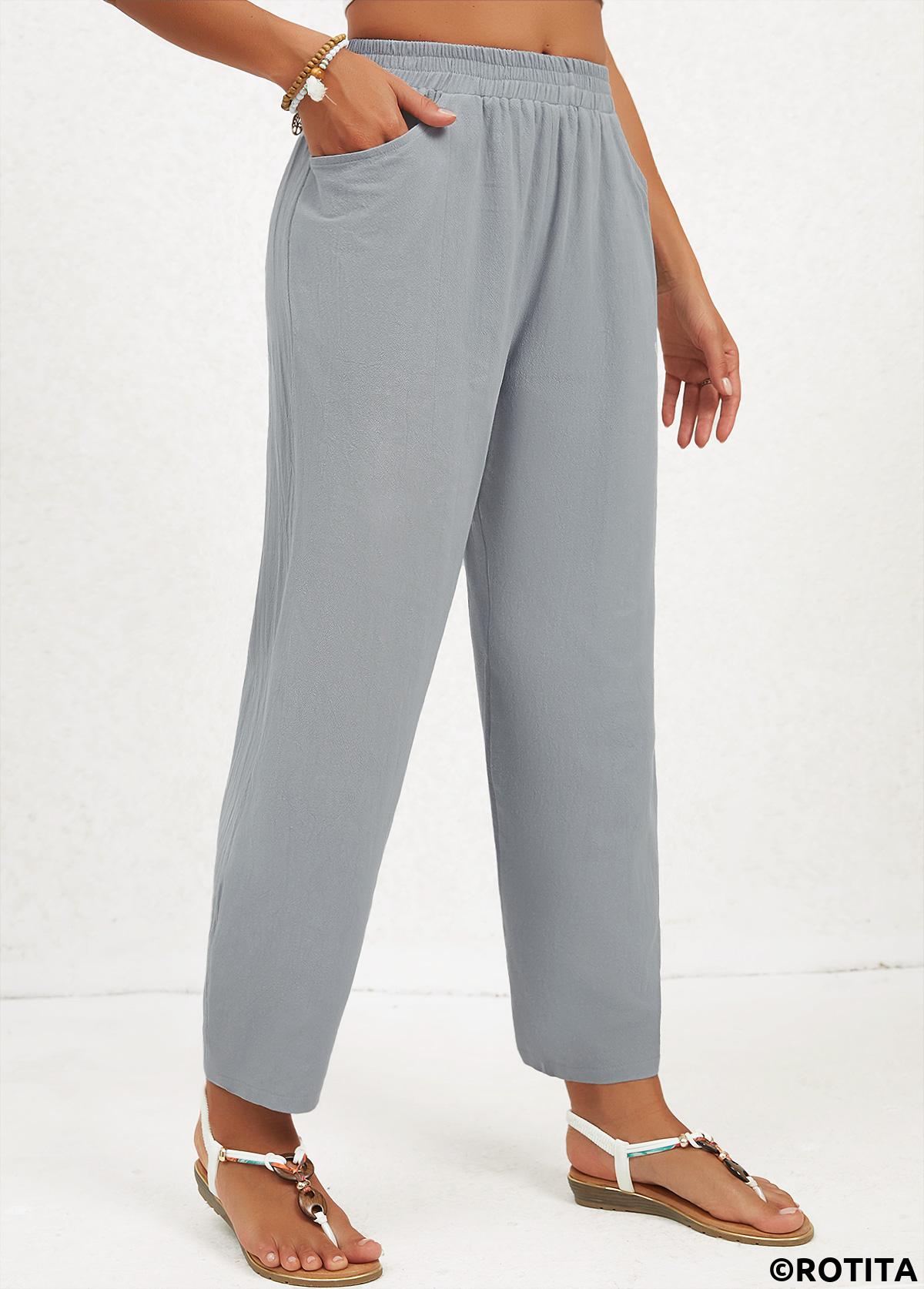 Grey bottoms,Plain Color bottoms,Pocket Regular Elastic Waist High Waisted Grey Pants