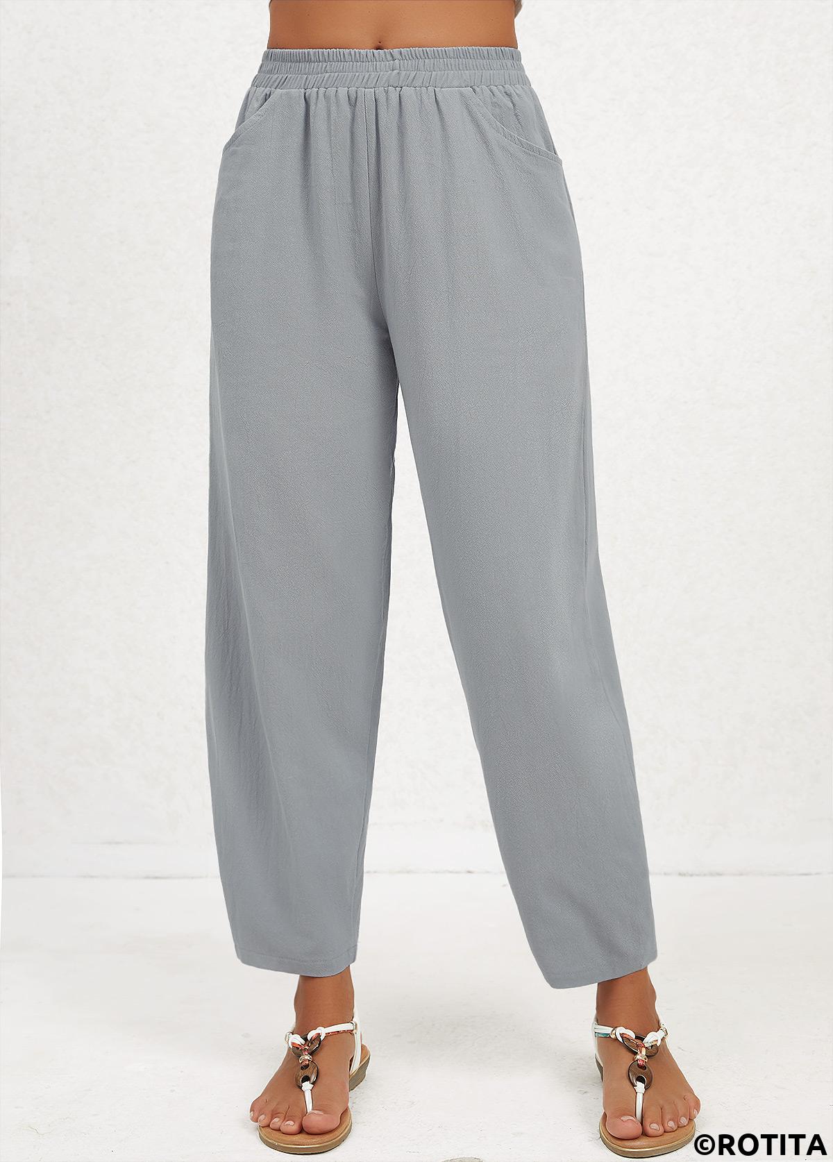 Grey bottoms,Plain Color bottoms,Pocket Regular Elastic Waist High Waisted Grey Pants