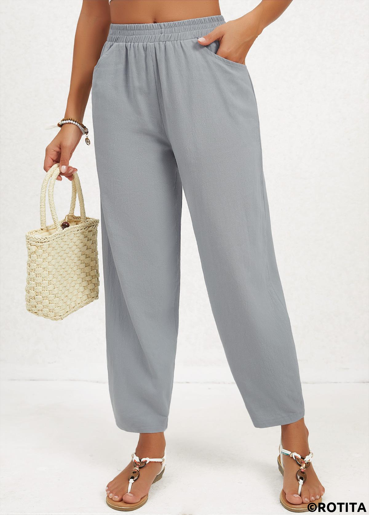 Grey bottoms,Plain Color bottoms,Pocket Regular Elastic Waist High Waisted Grey Pants