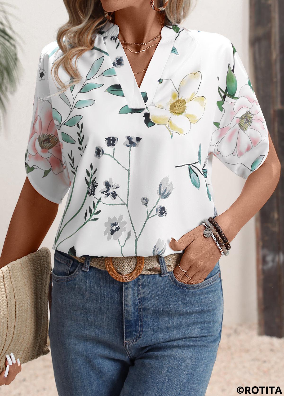 White tops,Floral tops,Plants tops,Floral Print White Split Neck Short Sleeve Blouse