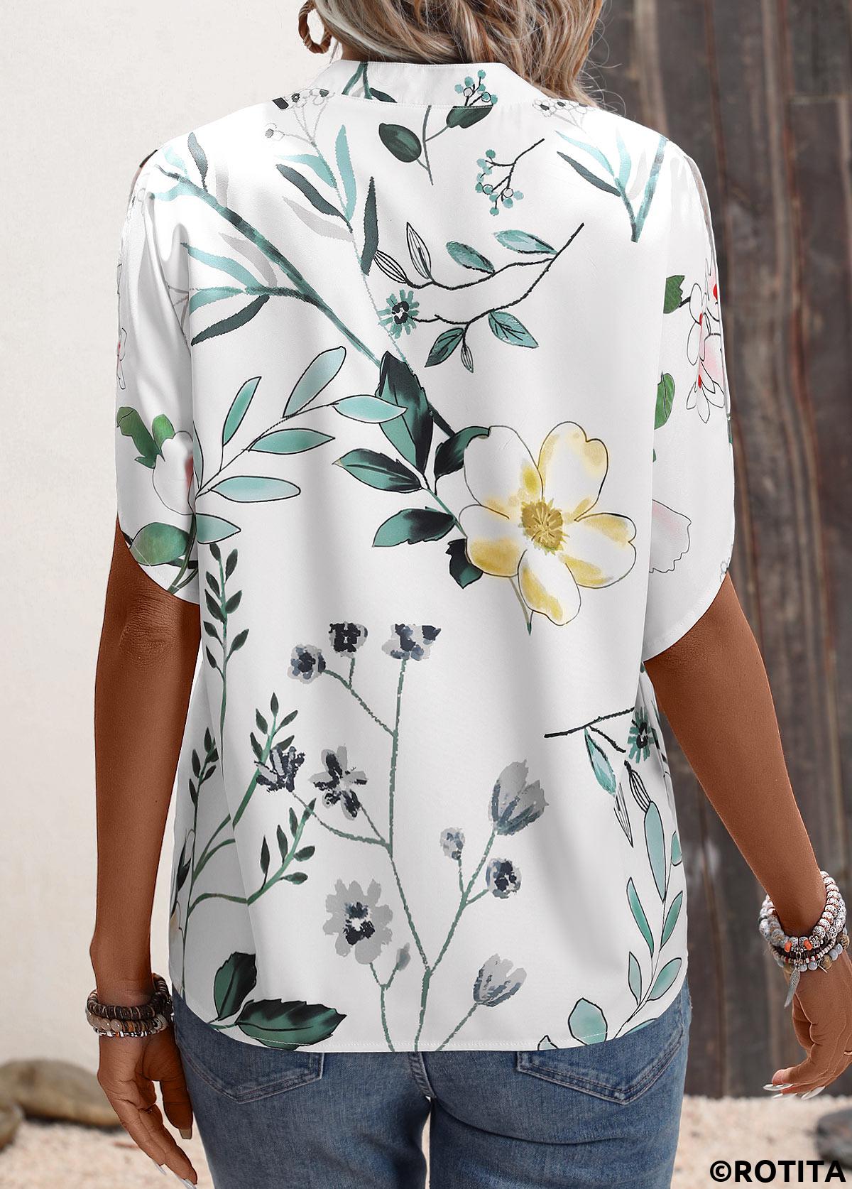 White tops,Floral tops,Plants tops,Floral Print White Split Neck Short Sleeve Blouse