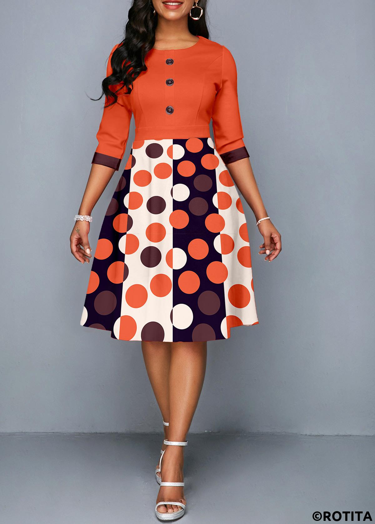 Orange dresses,White dresses,Geometric dresses,Dot dresses,Party dresses,Elegant dresses,ROTITA Button Geometric Print Orange Round Neck Dress