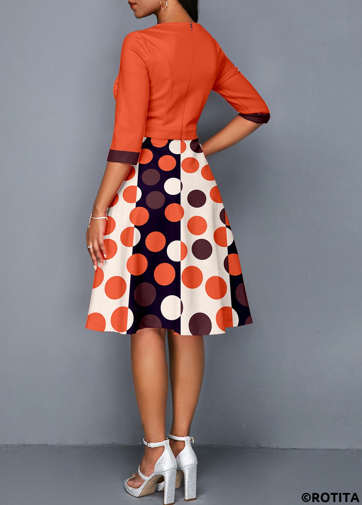 Orange dresses,White dresses,Geometric dresses,Dot dresses,Party dresses,Elegant dresses,ROTITA Button Geometric Print Orange Round Neck Dress