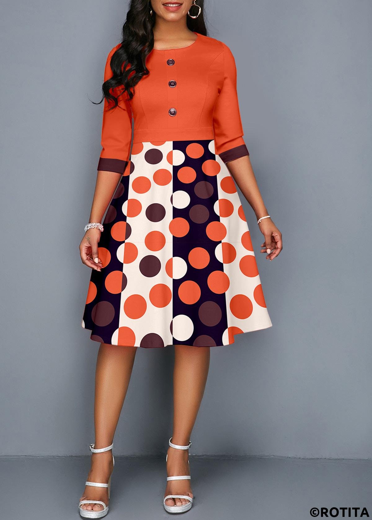Orange dresses,White dresses,Geometric dresses,Dot dresses,Party dresses,Elegant dresses,ROTITA Button Geometric Print Orange Round Neck Dress
