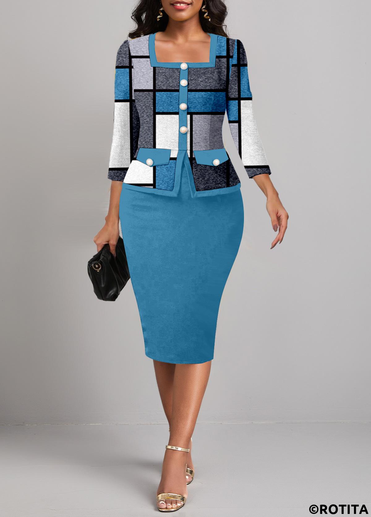 Peacock Blue dresses,Dark Grey Marl dresses,Geometric dresses,Striped dresses,Plaid dresses,Wear to Work dresses,Work dresses,ROTITA Button Geometric Print Peacock Blue Square Neck Bodycon Dress