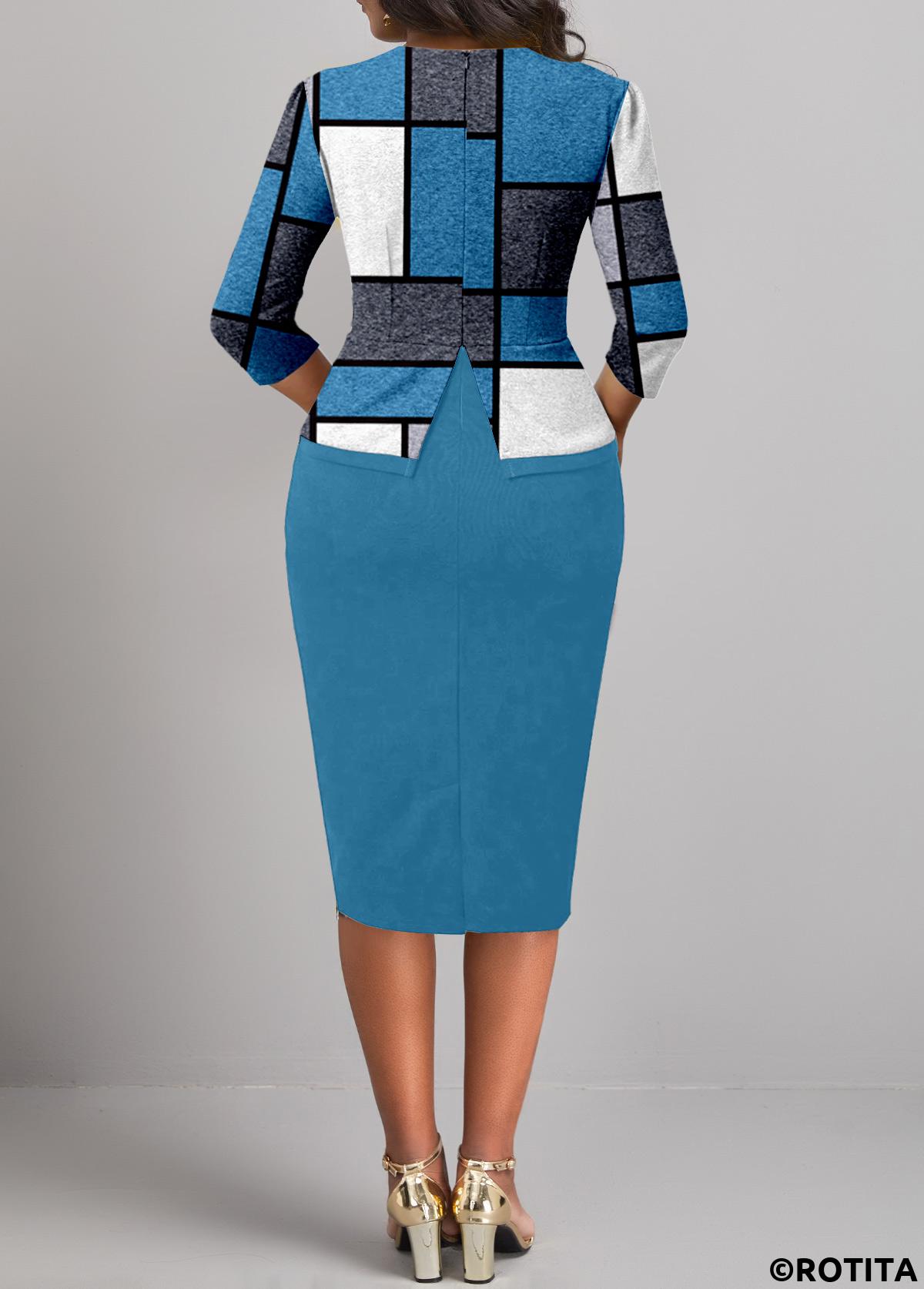 Peacock Blue dresses,Dark Grey Marl dresses,Geometric dresses,Striped dresses,Plaid dresses,Wear to Work dresses,Work dresses,ROTITA Button Geometric Print Peacock Blue Square Neck Bodycon Dress