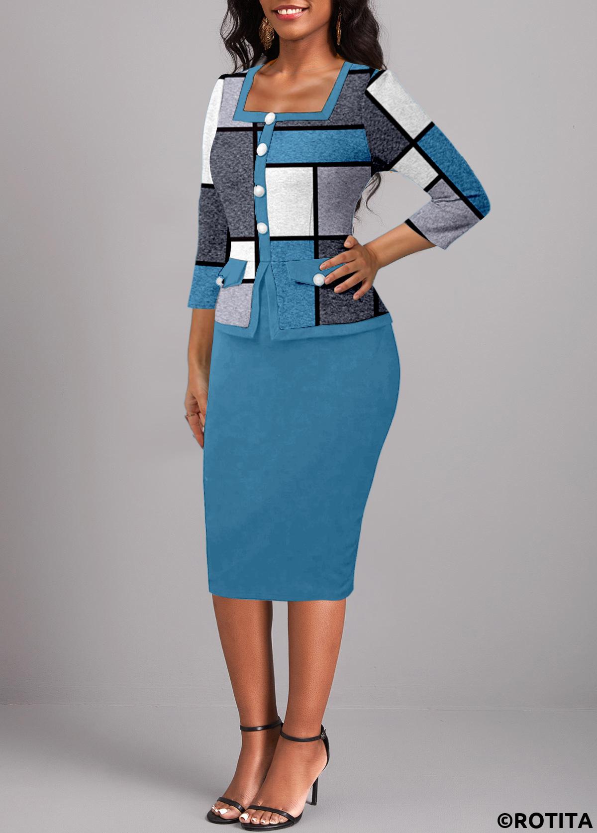 Peacock Blue dresses,Dark Grey Marl dresses,Geometric dresses,Striped dresses,Plaid dresses,Wear to Work dresses,Work dresses,ROTITA Button Geometric Print Peacock Blue Square Neck Bodycon Dress