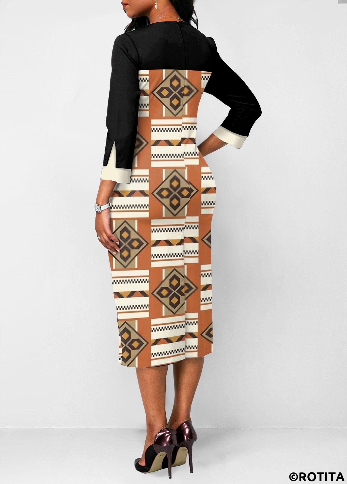 Black dresses,Tribal dresses,Striped dresses,Geometric dresses,Party dresses,Elegant dresses,ROTITA Fake 2in1 Tribal Print Black A Line Dress