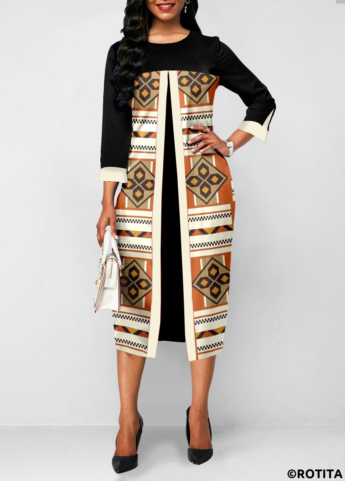 Black dresses,Tribal dresses,Striped dresses,Geometric dresses,Party dresses,Elegant dresses,ROTITA Fake 2in1 Tribal Print Black A Line Dress