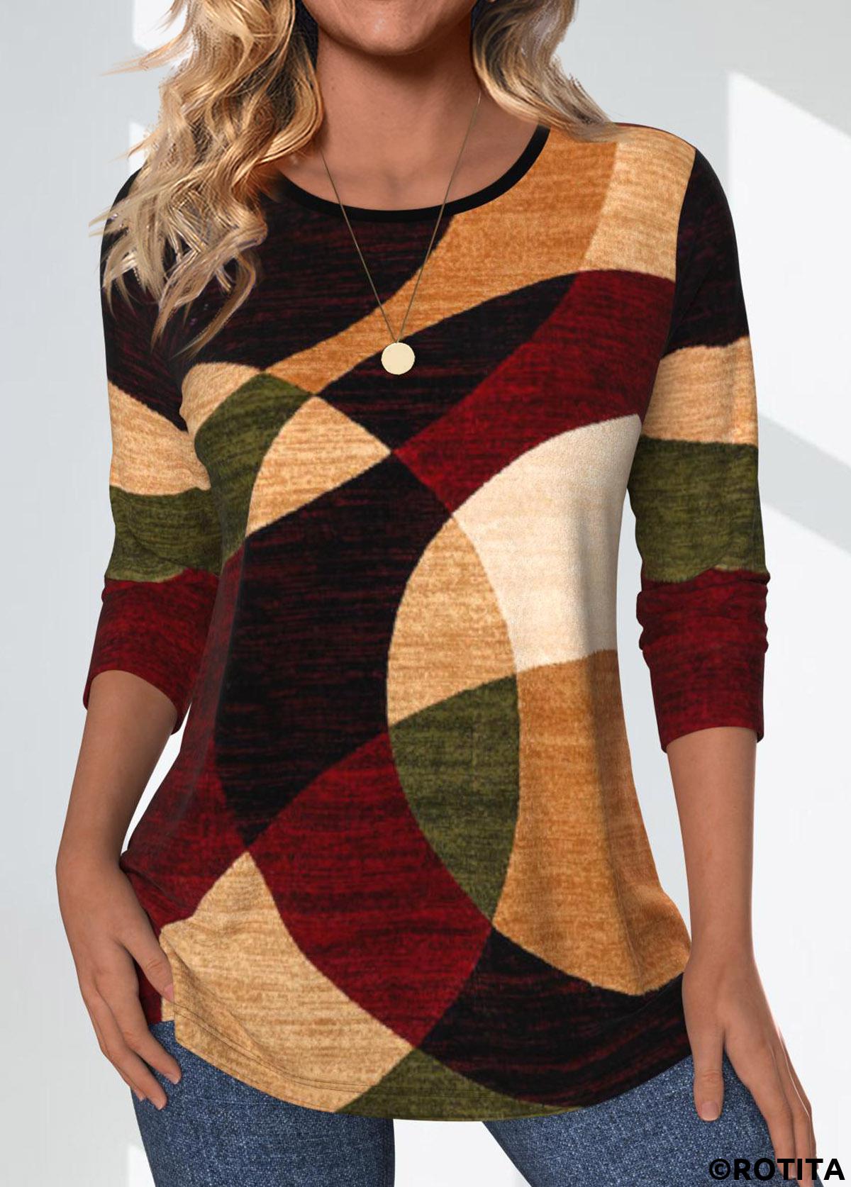 Multi Color tops,Geometric tops,Striped tops,ROTITA Geometric Print Multi Color Round Neck T Shirt