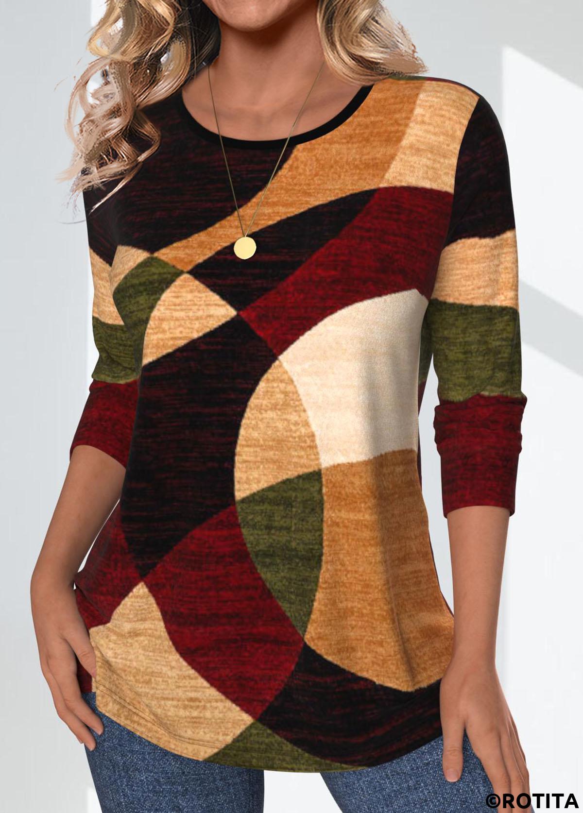 Multi Color tops,Geometric tops,Striped tops,ROTITA Geometric Print Multi Color Round Neck T Shirt