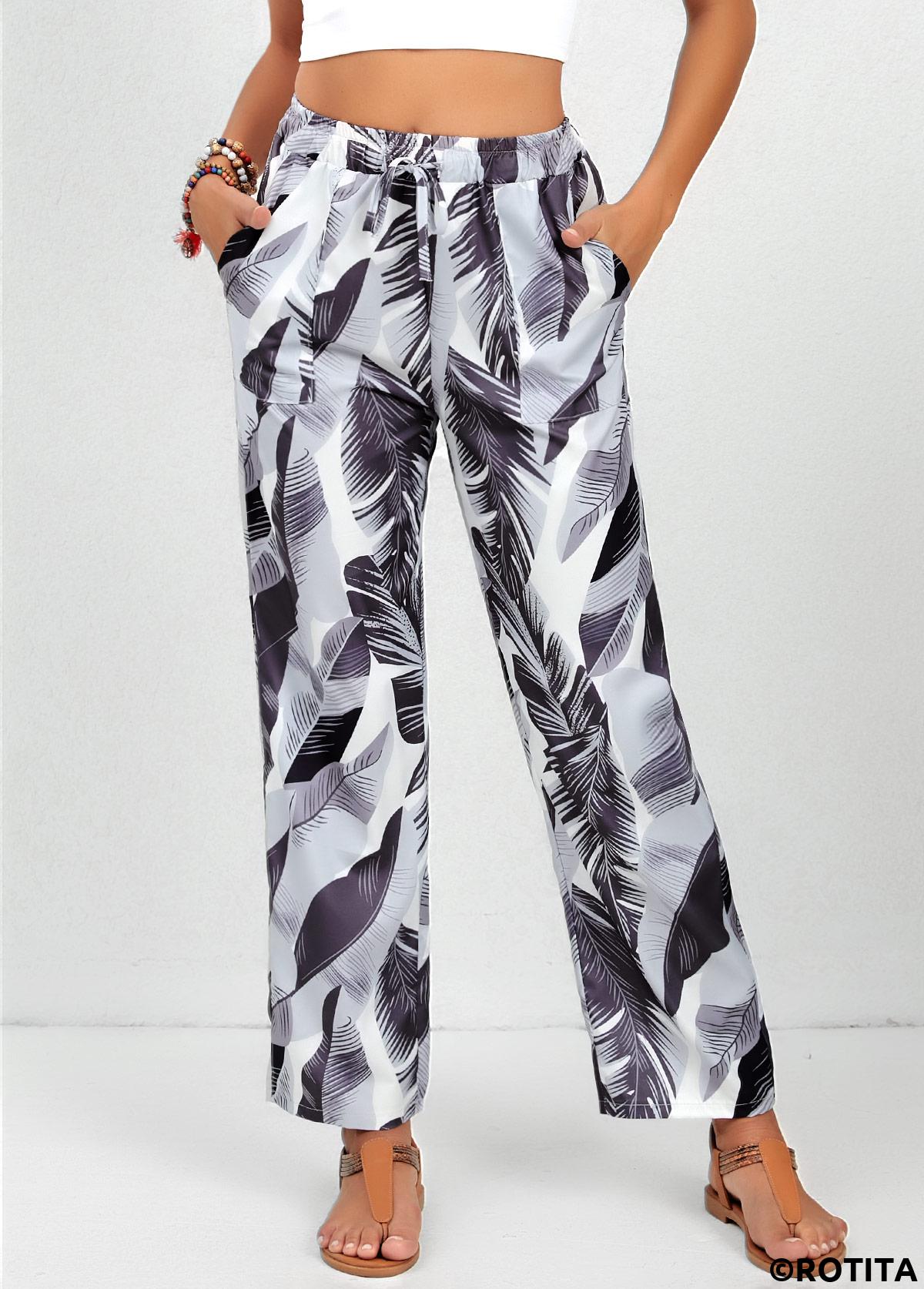 White bottoms,Dusty Purple bottoms,Animal Print bottoms,Tribal bottoms,Double Side Pockets Feathers Print White Elastic Waist Pants