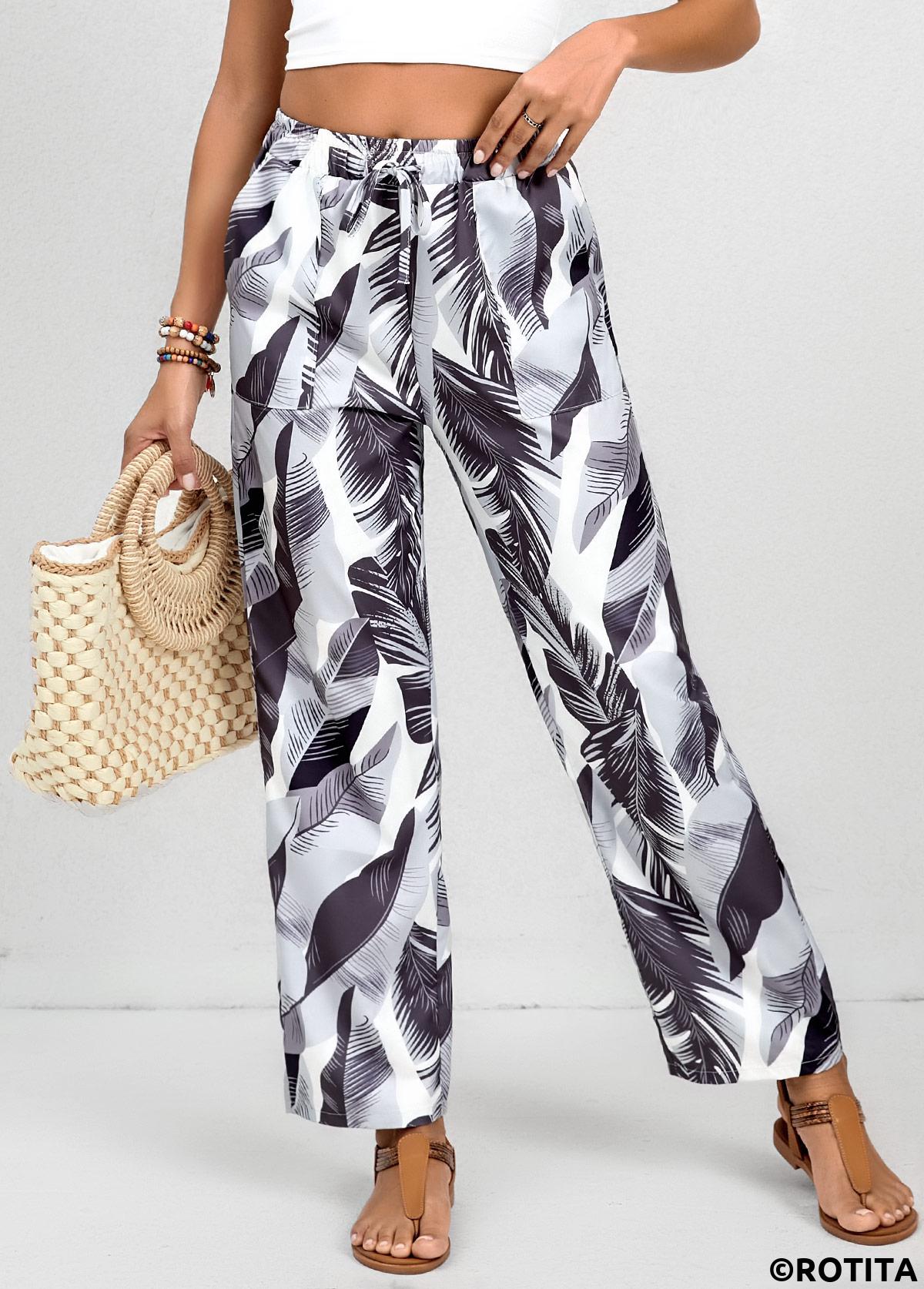 White bottoms,Dusty Purple bottoms,Animal Print bottoms,Tribal bottoms,Double Side Pockets Feathers Print White Elastic Waist Pants