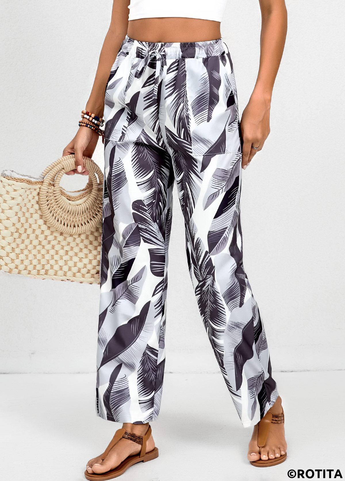 White bottoms,Dusty Purple bottoms,Animal Print bottoms,Tribal bottoms,Double Side Pockets Feathers Print White Elastic Waist Pants