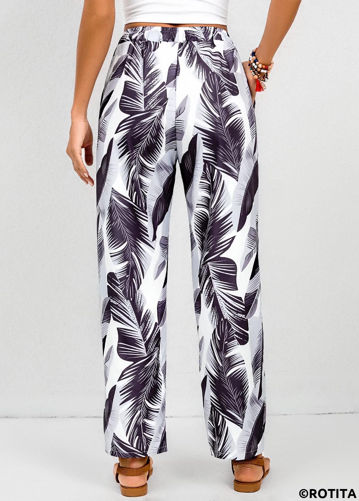 White bottoms,Dusty Purple bottoms,Animal Print bottoms,Tribal bottoms,Double Side Pockets Feathers Print White Elastic Waist Pants