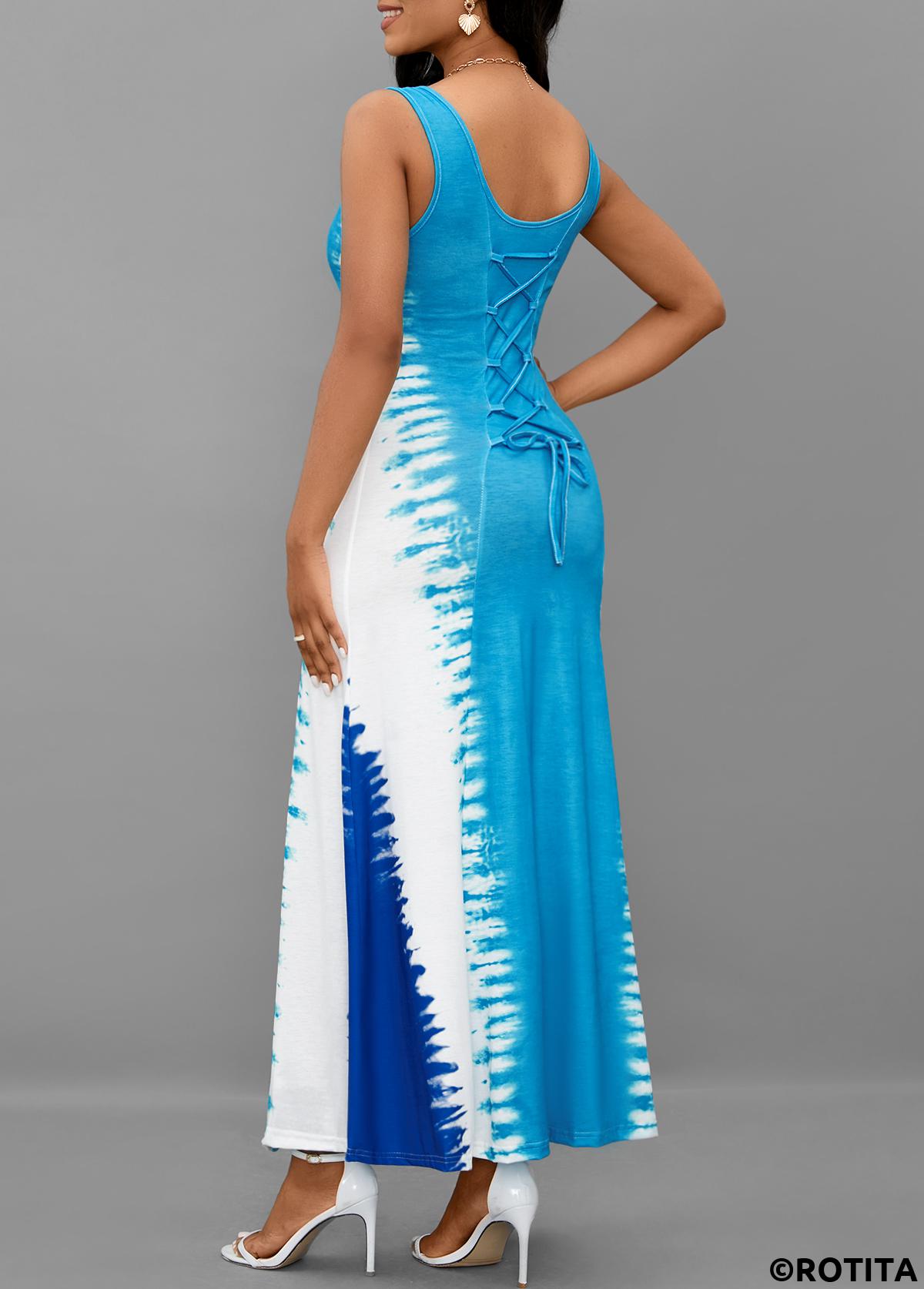 Light Blue dresses,White dresses,Tie Dye dresses,Vacation dresses,Vacation dresses,ROTITA Lace Up Tie Dye Print Light Blue Maxi Dress