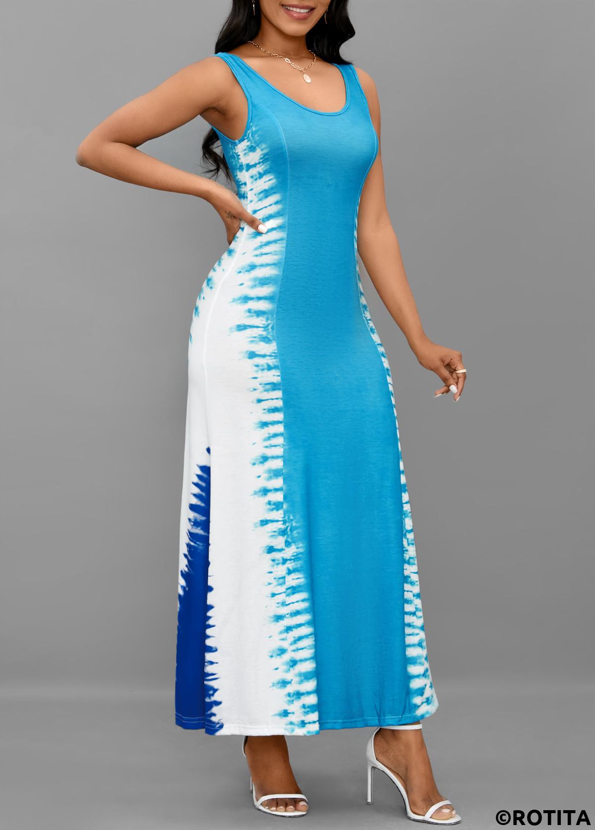 Light Blue dresses,White dresses,Tie Dye dresses,Vacation dresses,Vacation dresses,ROTITA Lace Up Tie Dye Print Light Blue Maxi Dress