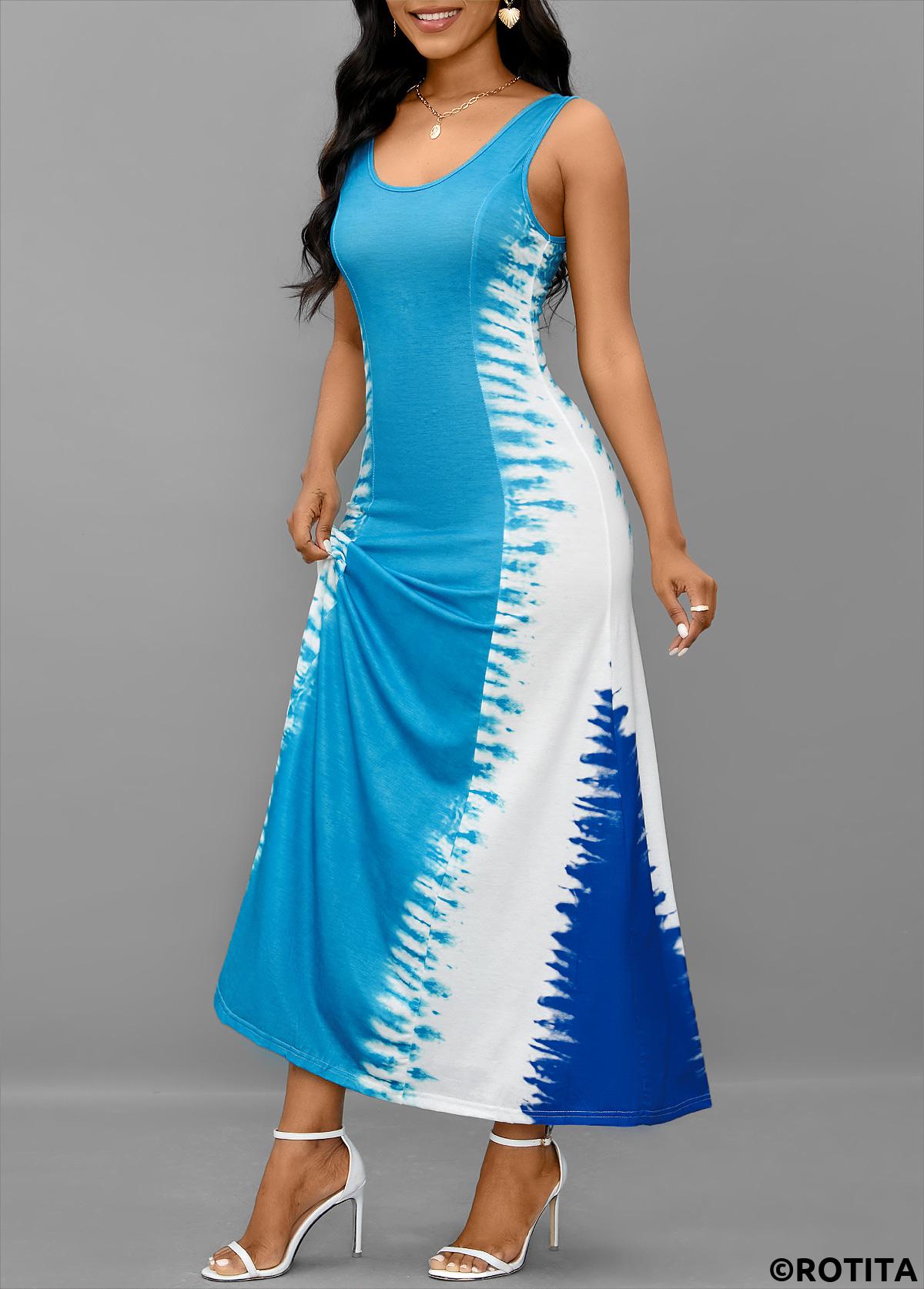 Light Blue dresses,White dresses,Tie Dye dresses,Vacation dresses,Vacation dresses,ROTITA Lace Up Tie Dye Print Light Blue Maxi Dress