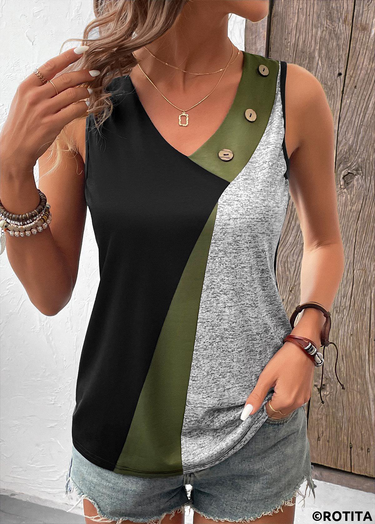 Olive Green tops,Geometric tops,Contrast Color tops,ROTITA Button Geometric Print Black V Neck Sleeveless Tank Top