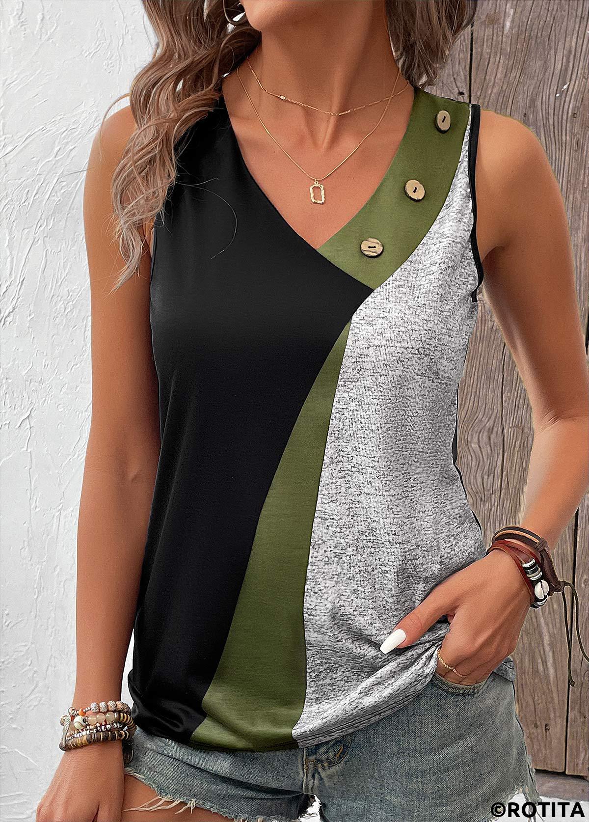 Olive Green tops,Geometric tops,Contrast Color tops,ROTITA Button Geometric Print Black V Neck Sleeveless Tank Top