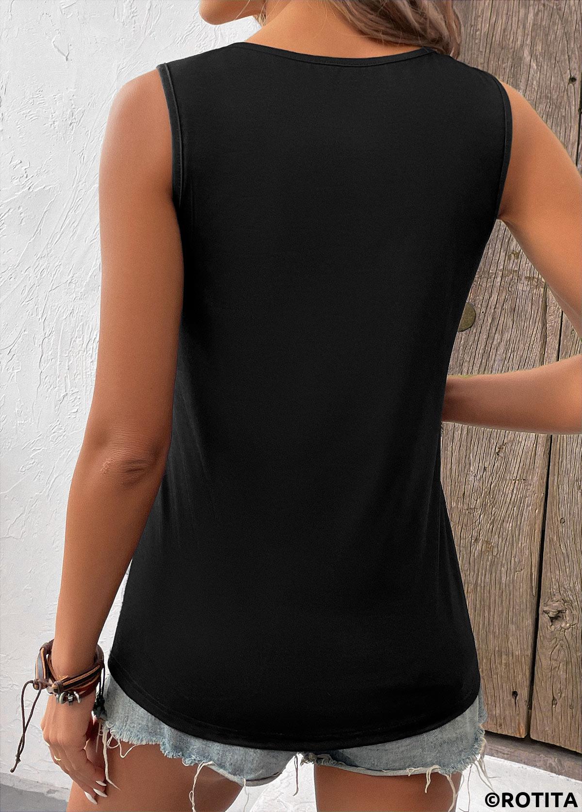 Olive Green tops,Geometric tops,Contrast Color tops,ROTITA Button Geometric Print Black V Neck Sleeveless Tank Top