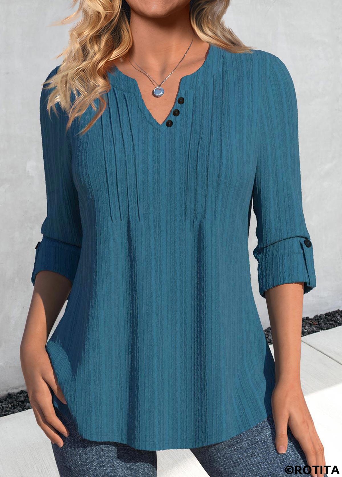 Peacock Blue tops,Plain Color tops,ROTITA Tuck Stitch Peacock Blue Split Neck Long Sleeve Blouse