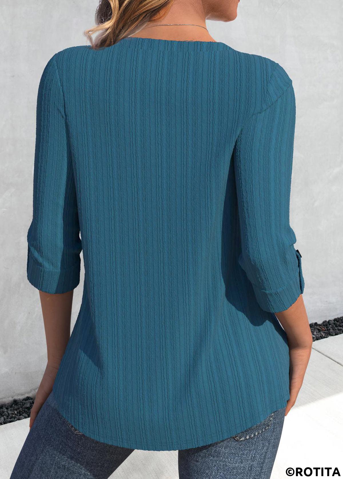 Peacock Blue tops,Plain Color tops,ROTITA Tuck Stitch Peacock Blue Split Neck Long Sleeve Blouse