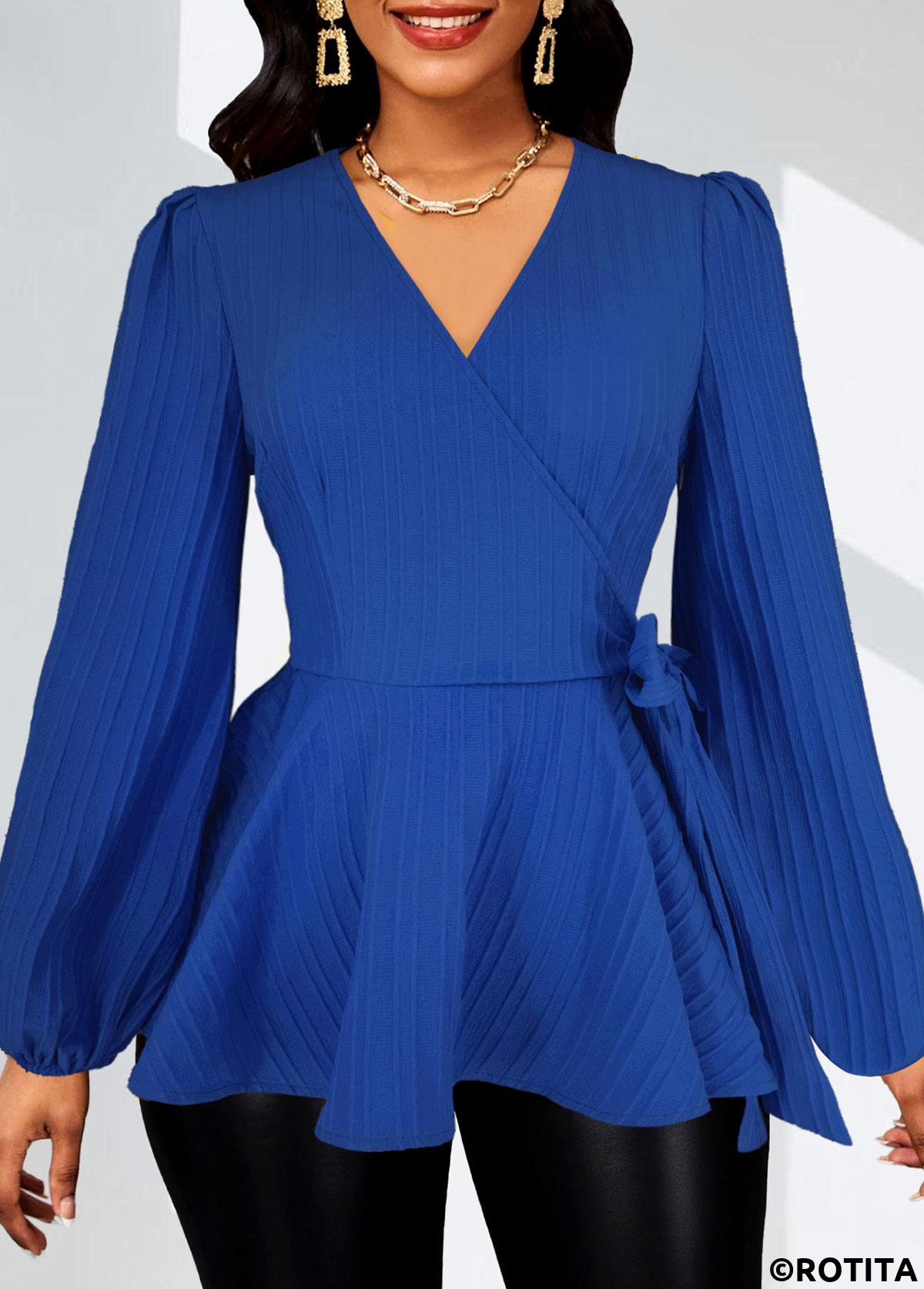 Royal Blue tops,Plain Color tops,ROTITA Surplice Royal Blue V Neck Long Sleeve Blouse