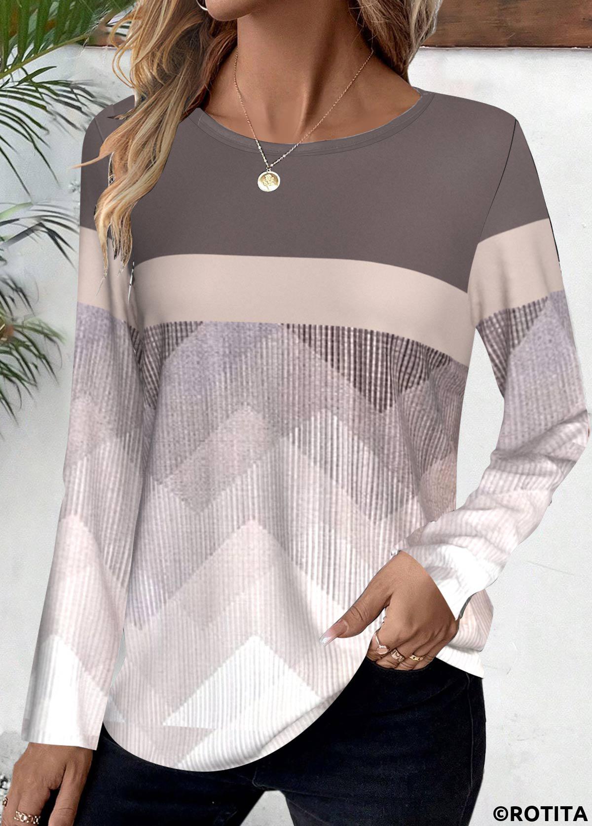 rotita patchwork imprimé géométrique café clair t-shirt col rond