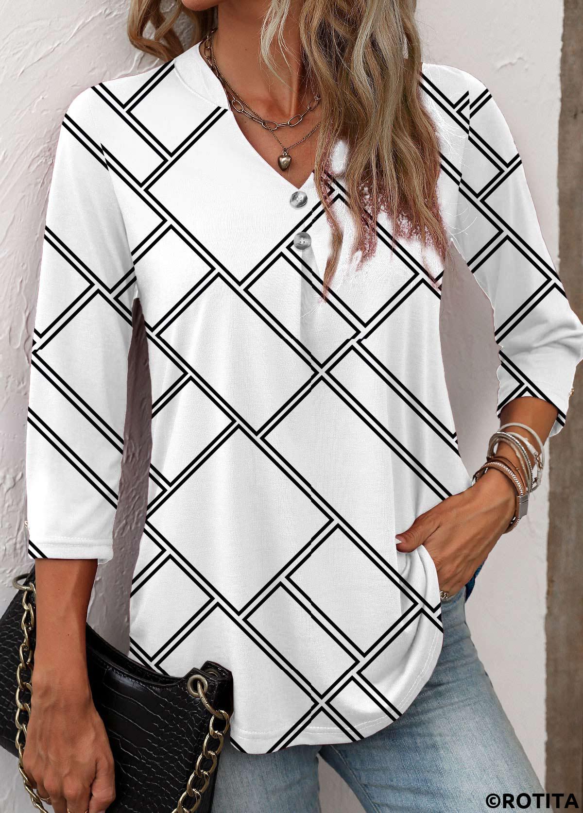 t-shirt blanc à col fendu et imprimé géométrique à boutons Rotita
