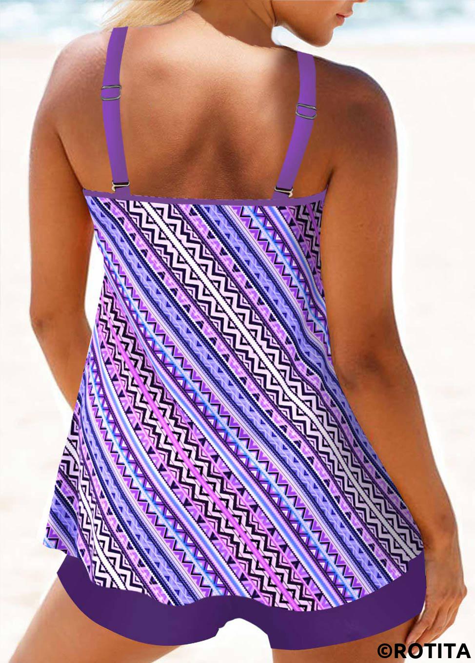 Purple swimwear,Geometric swimwear,ROTITA Circular Ring Purple Geometric Print Tankini Set